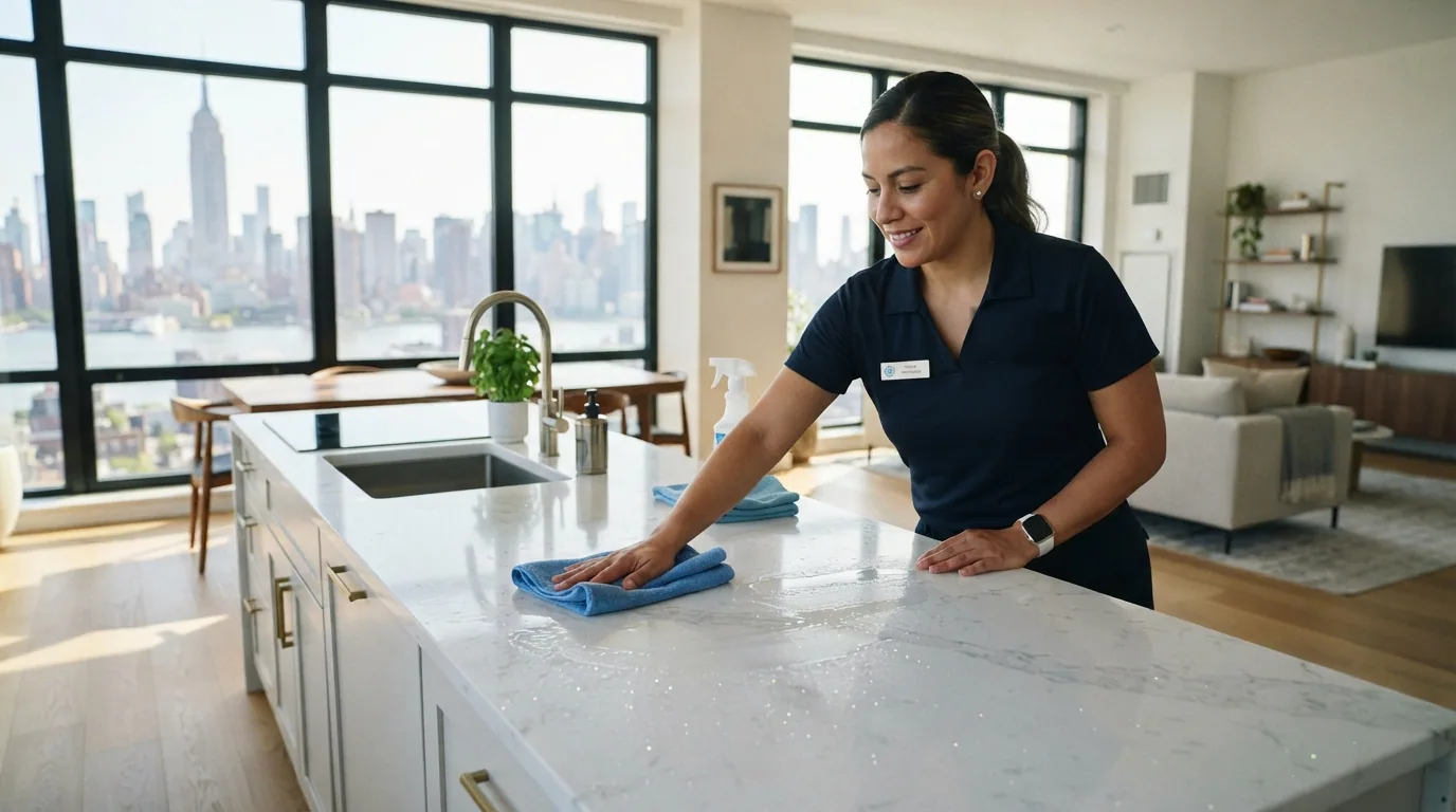 Cleaning specialist finishing a kitchen counter in a Woodside home